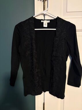 White House Black Market Black Open-Front Embroidered Cardigan